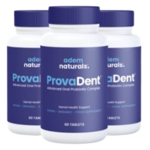 Bottle of Adem Naturals ProvaDent natural oral care supplement promoting strong teeth and fresh breath.